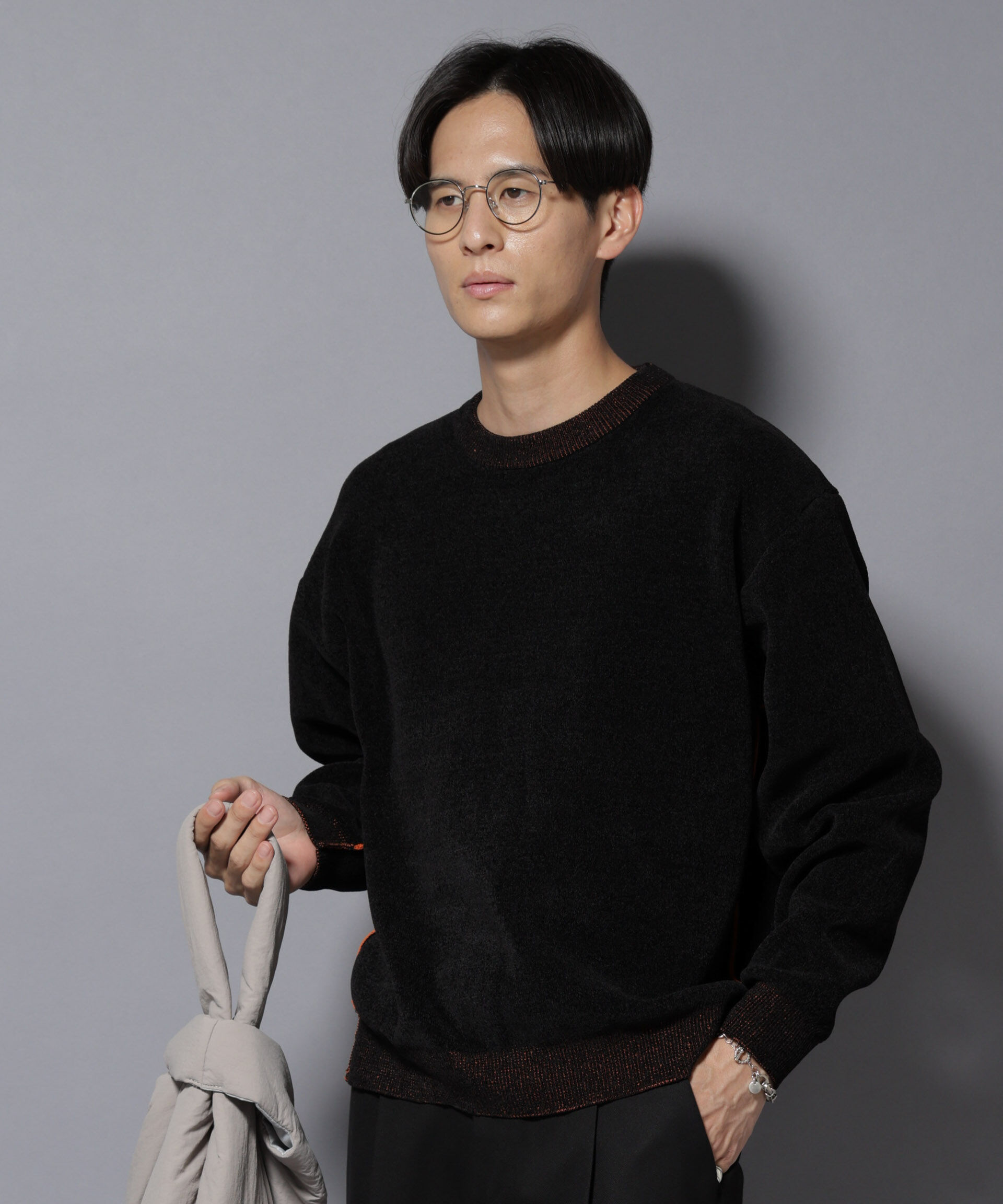 nano･universe「モールヤーンダブルフェイスクルーネックニット」|ニット・セーター|ブラック