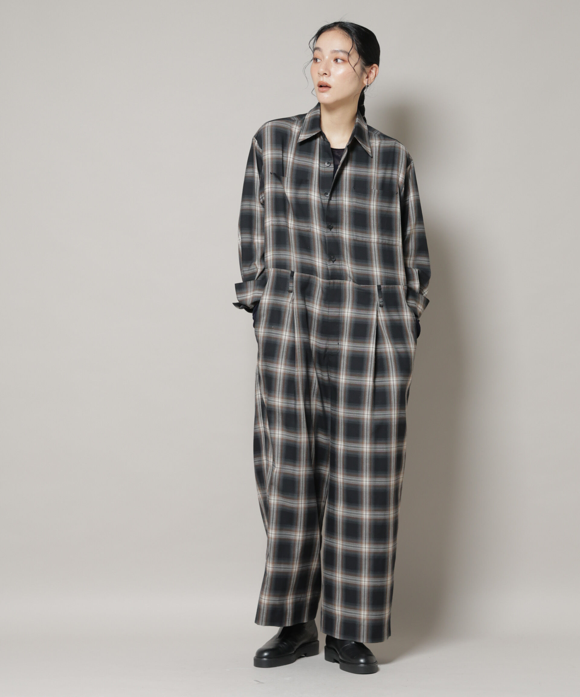 nano･universe「オンブレーチェックジャンプスーツ」|ワンピース|ブラック