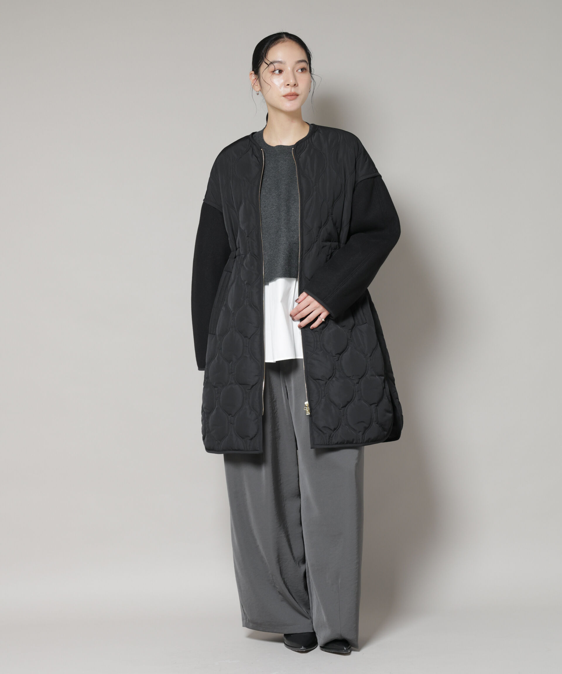 nano･universe「異素材コンビキルティングノーカラーコート」|その他|