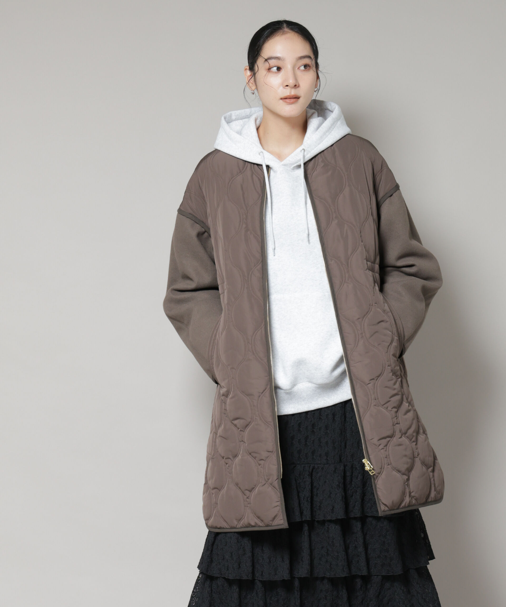 nano･universe「異素材コンビキルティングノーカラーコート」|その他|