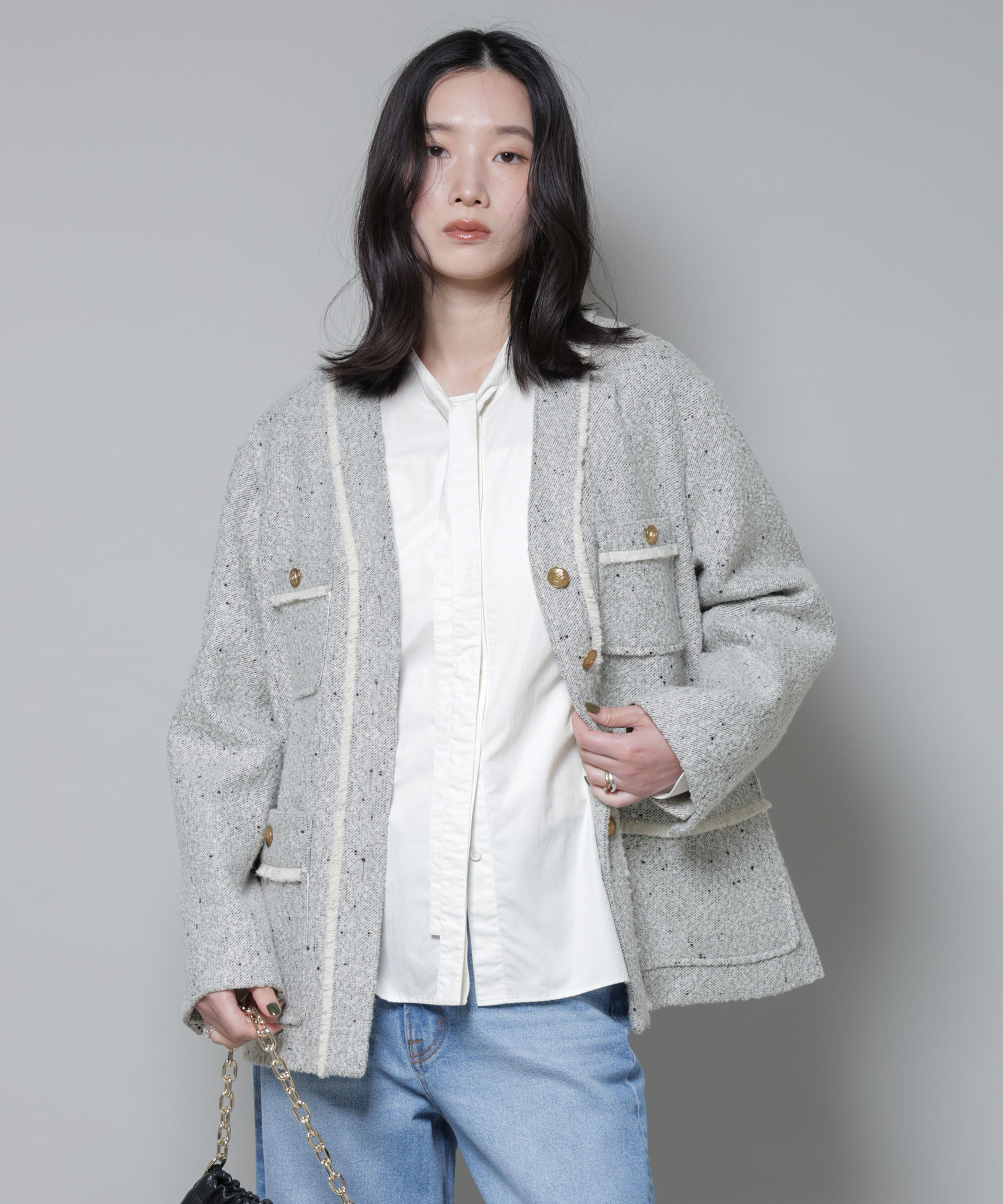 nano･universe「ネップツイードノーカラージャケット」|テーラードジャケット|
