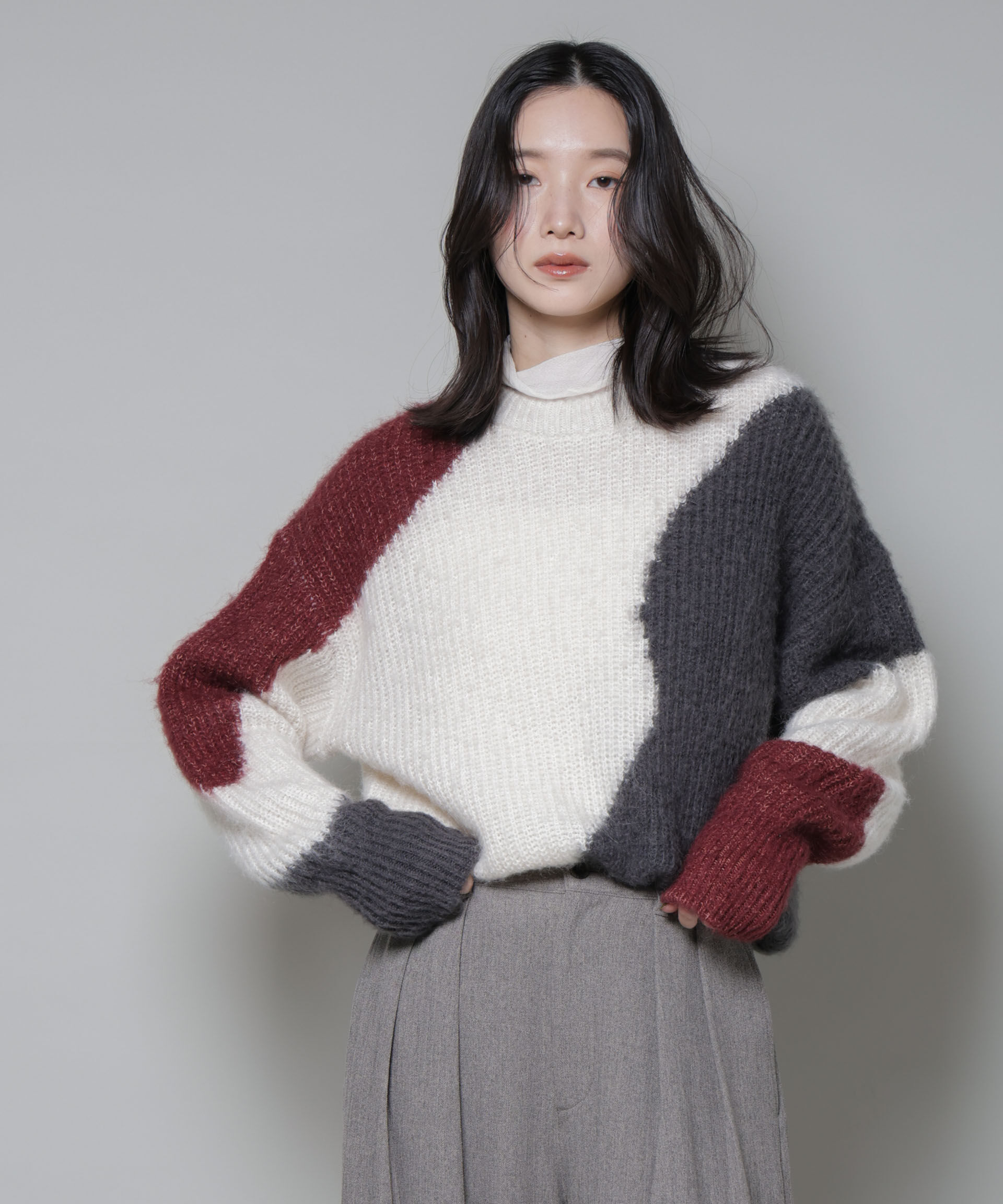 nano･universe「モヘヤ起毛カーブパターンブロッキングニット」|ニット・セーター|パターン1