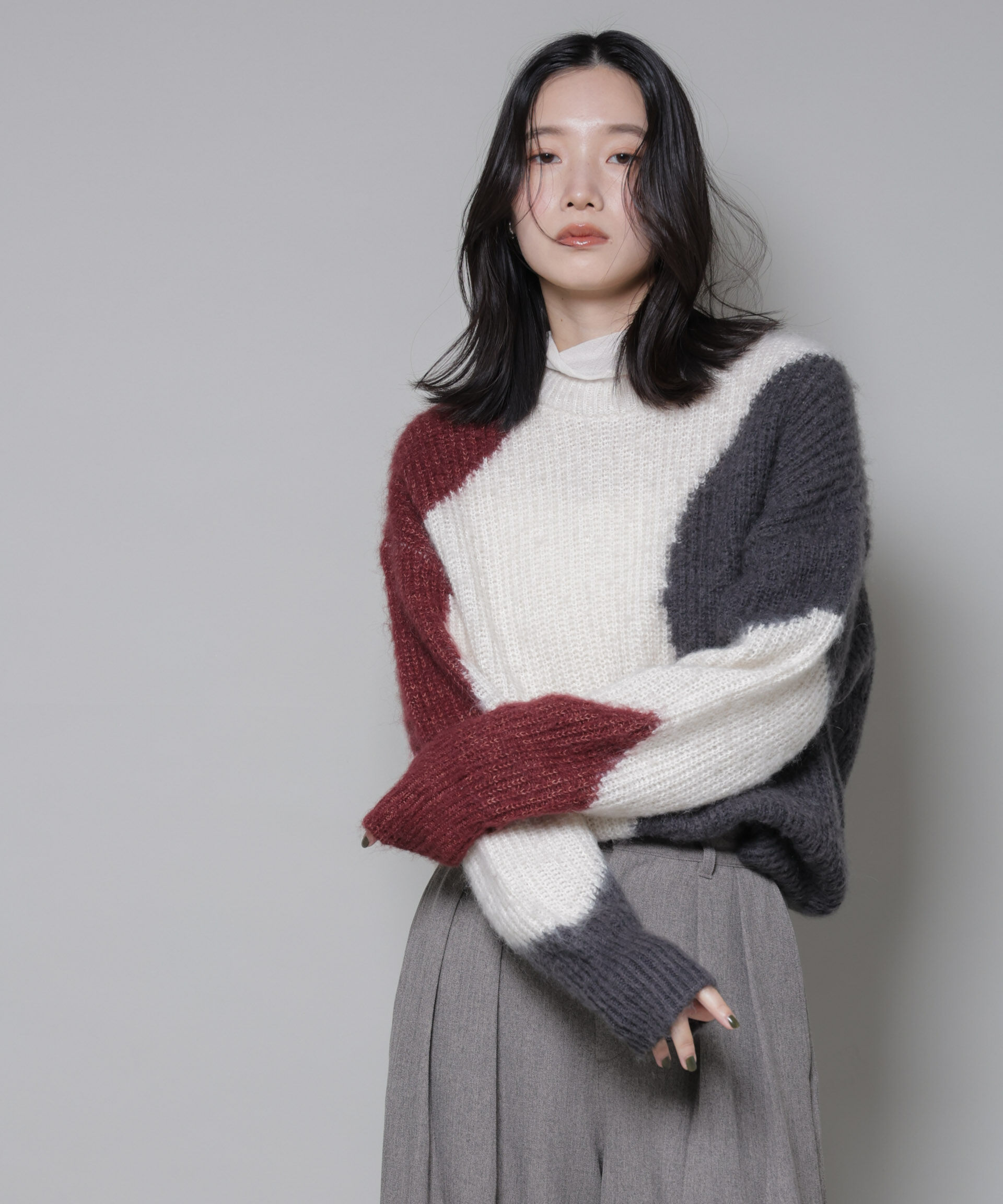 nano･universe「モヘヤ起毛カーブパターンブロッキングニット」|ニット・セーター|