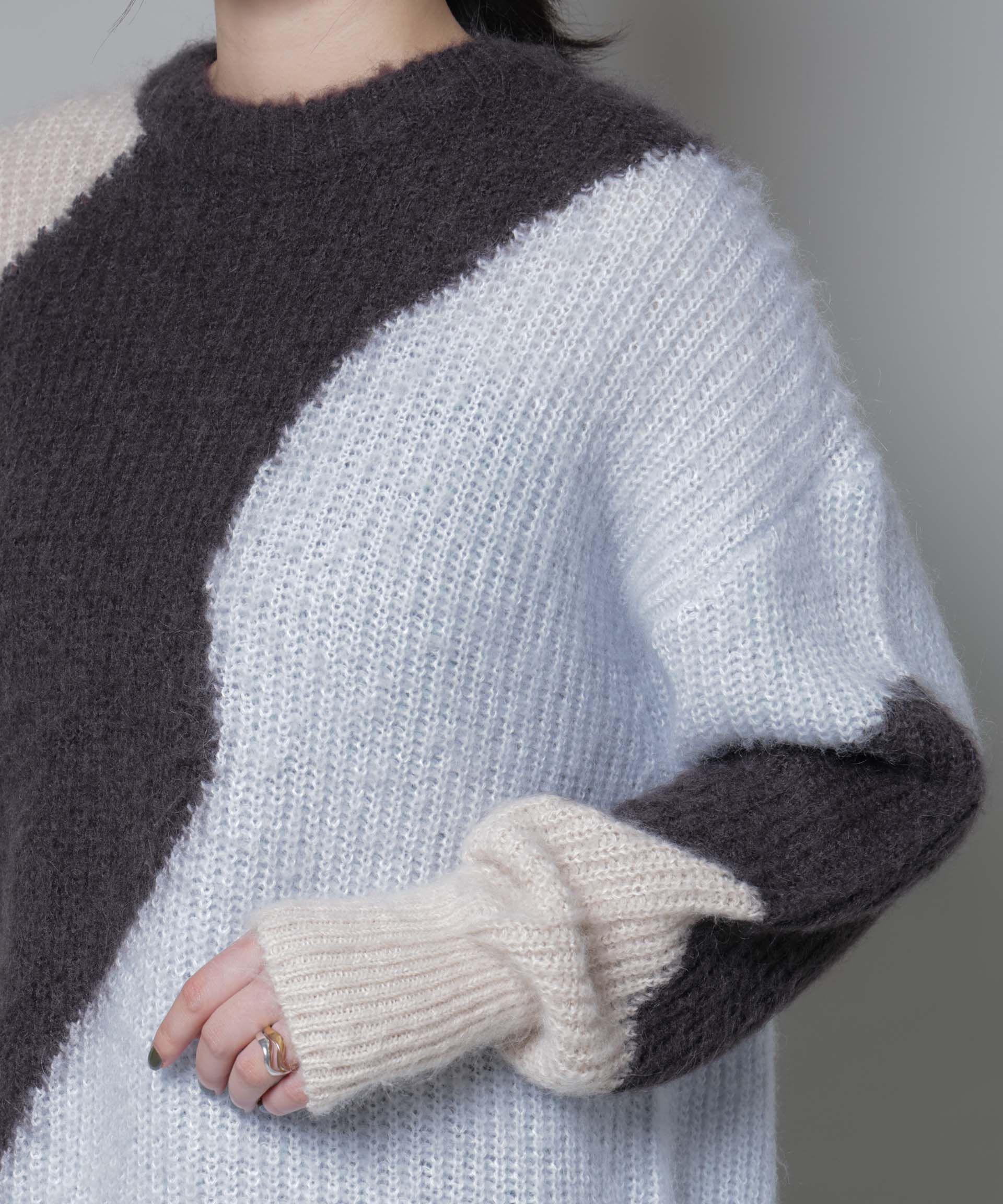 nano･universe「モヘヤ起毛カーブパターンブロッキングニット」|ニット・セーター|