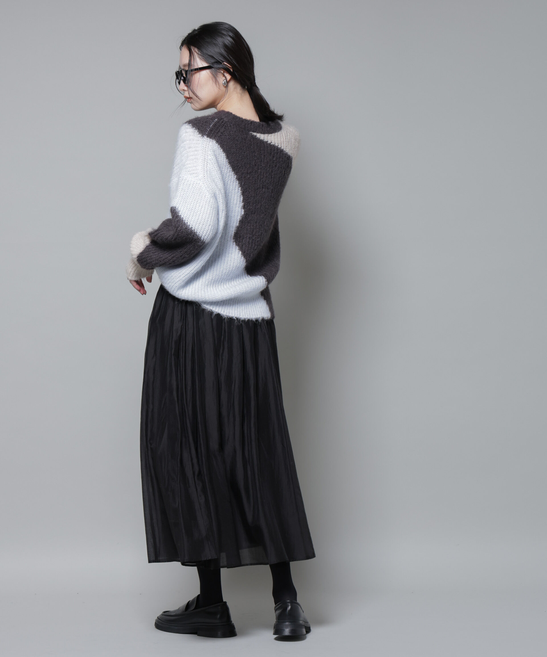 nano･universe「モヘヤ起毛カーブパターンブロッキングニット」|ニット・セーター|