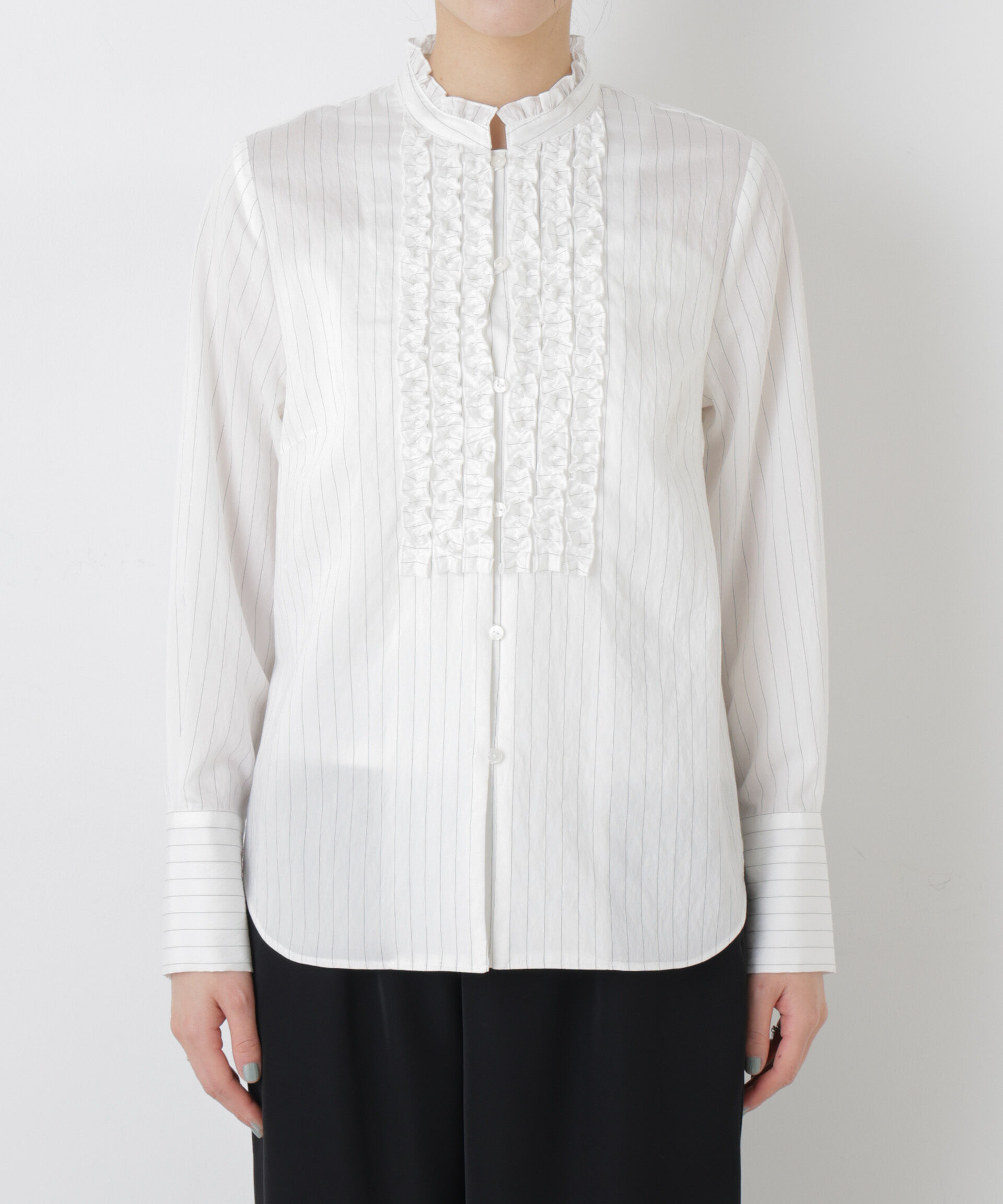 nano･universe「ストライプフリルブラウス」|シャツ・ブラウス|