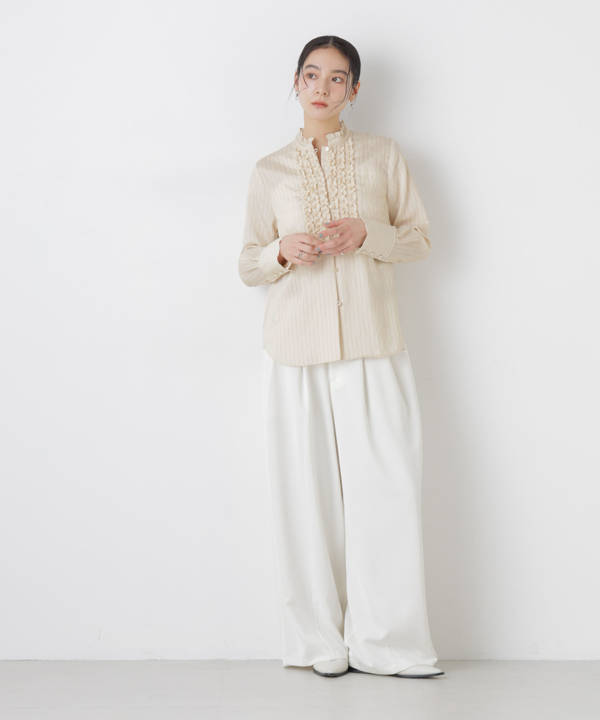 nano･universe「ストライプフリルブラウス」|シャツ・ブラウス|