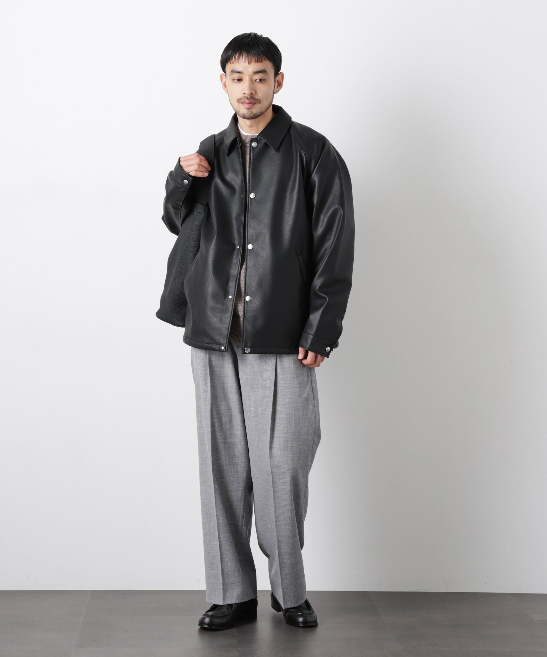nano･universe「フェイクレザーリラックスコーチジャケット」|ブルゾン・スタジャン|
