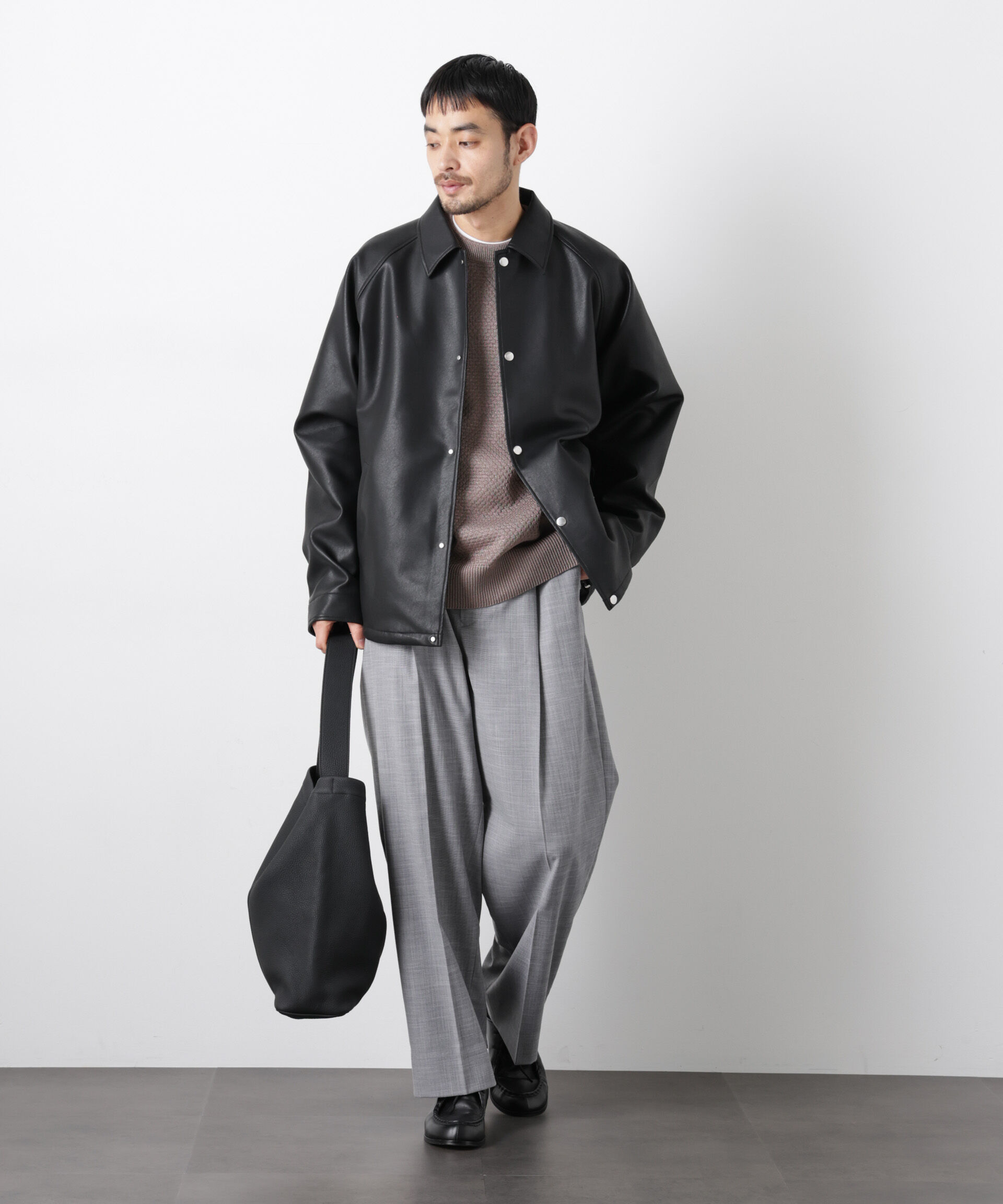 nano･universe「フェイクレザーリラックスコーチジャケット」|ブルゾン・スタジャン|
