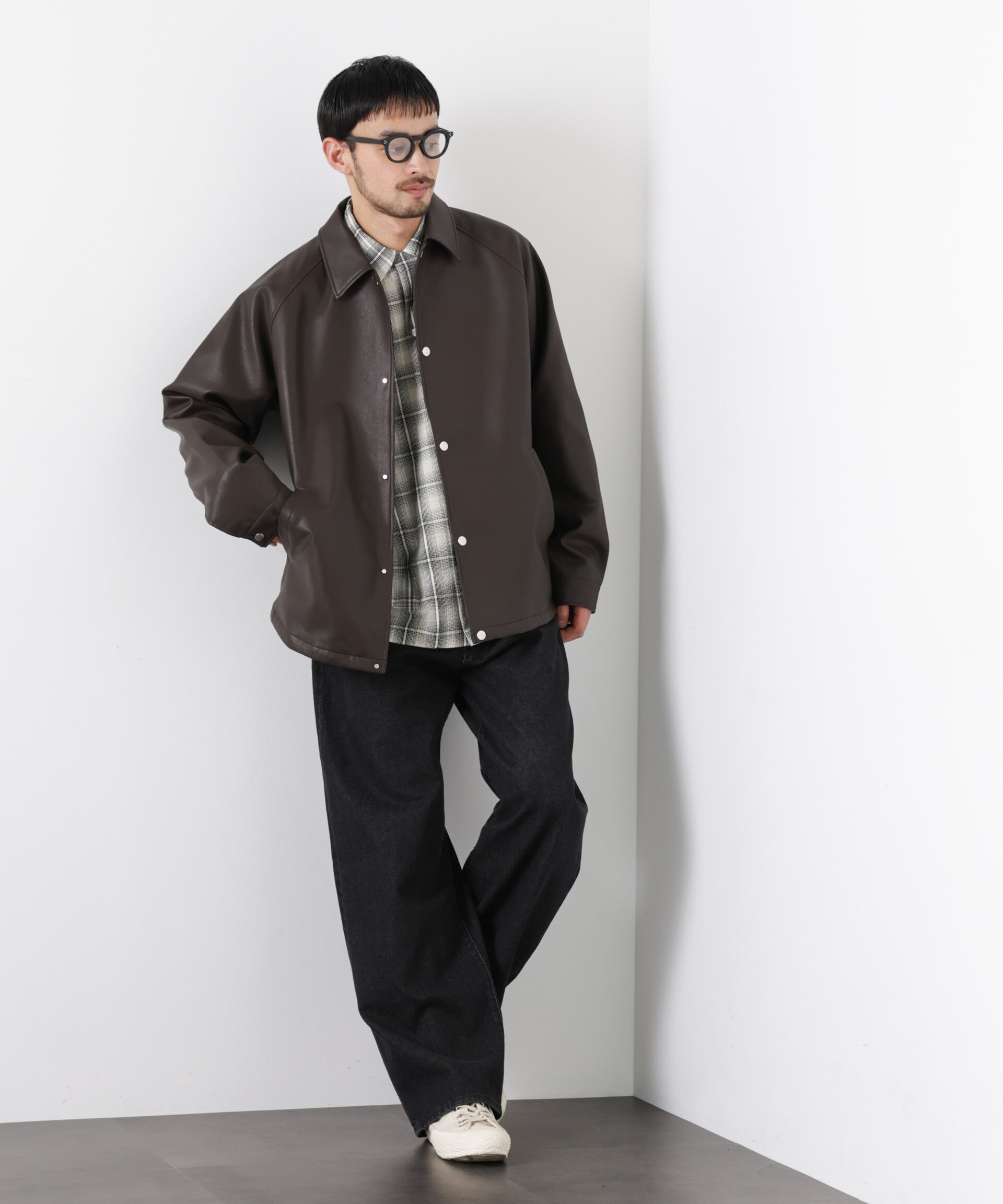 nano･universe「フェイクレザーリラックスコーチジャケット」|ブルゾン・スタジャン|