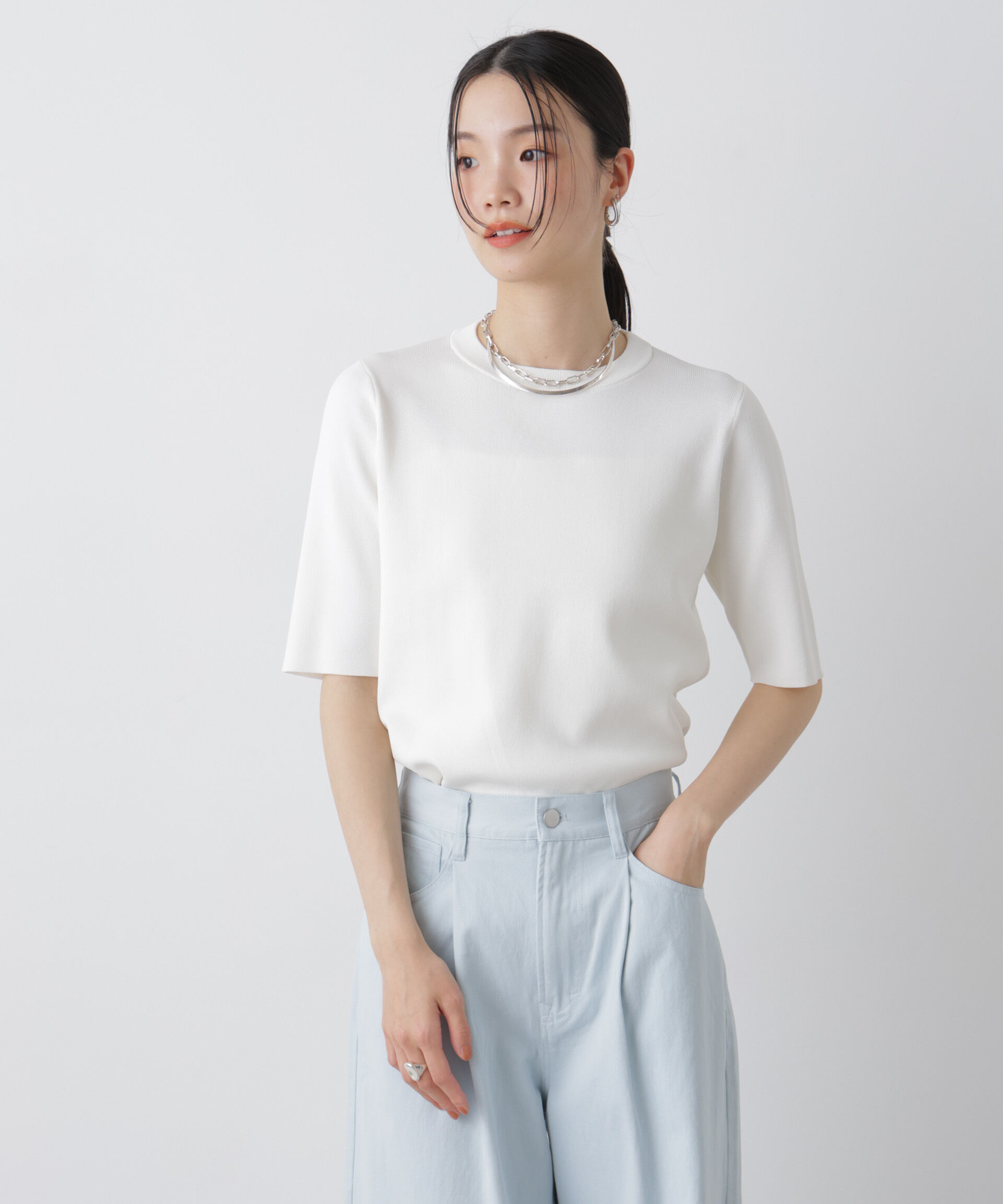 nano･universe「洗濯機洗い可UVカット接触冷感半袖ニット」|ニット・セーター|