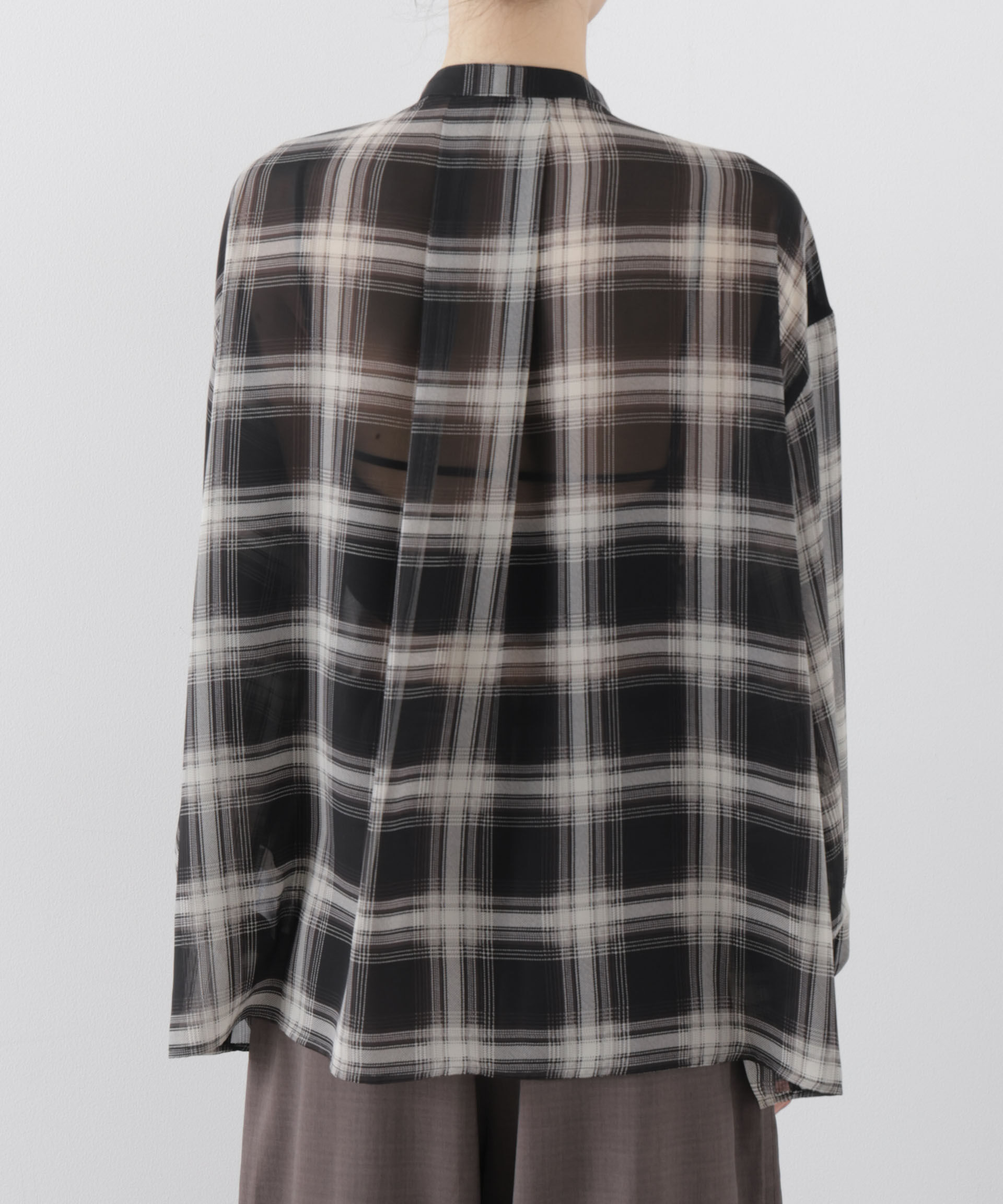 nano･universe「シアーチェックプリントピンタックスタンドカラーブラウス」|シャツ・ブラウス|