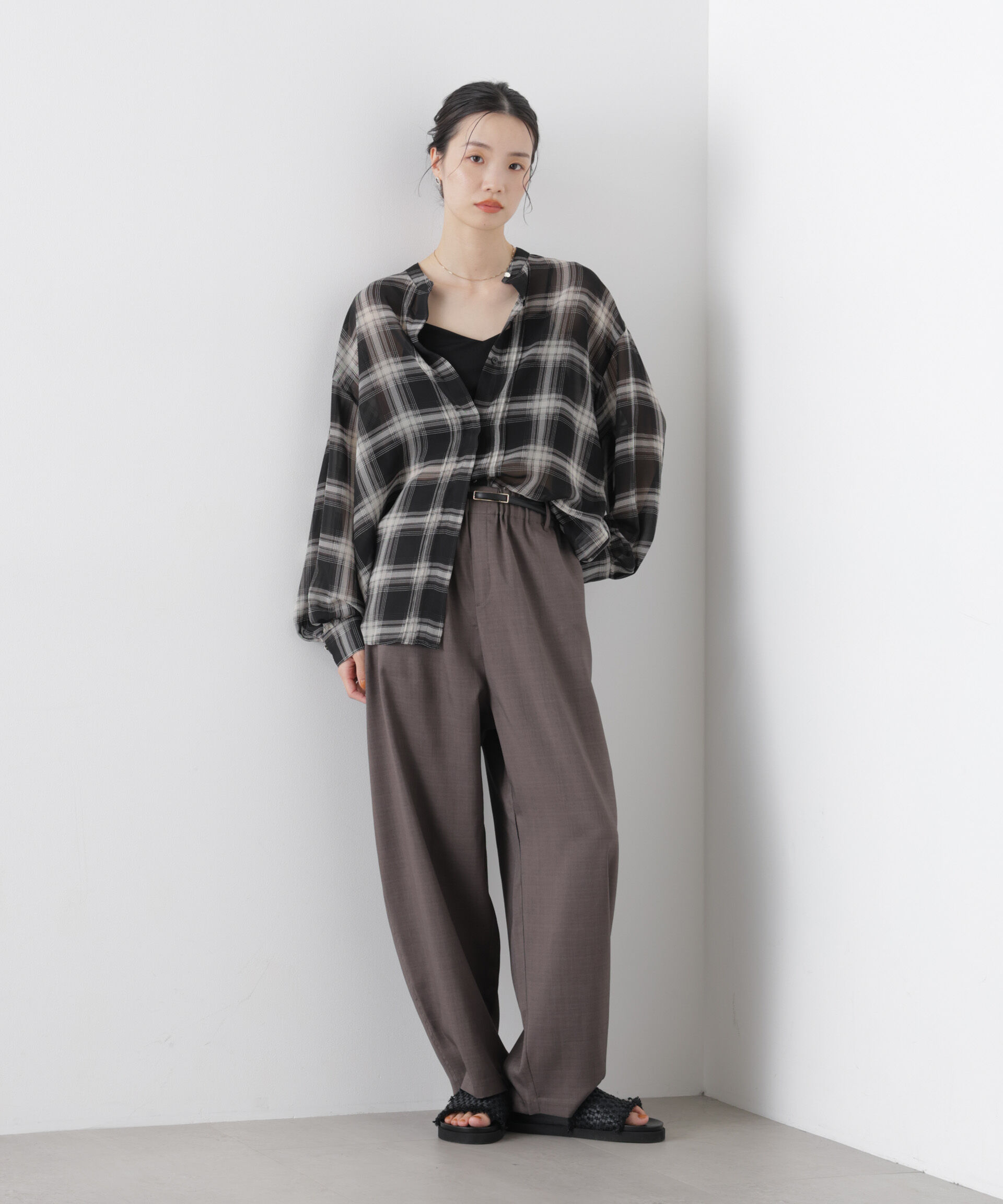 nano･universe「シアーチェックプリントピンタックスタンドカラーブラウス」|シャツ・ブラウス|