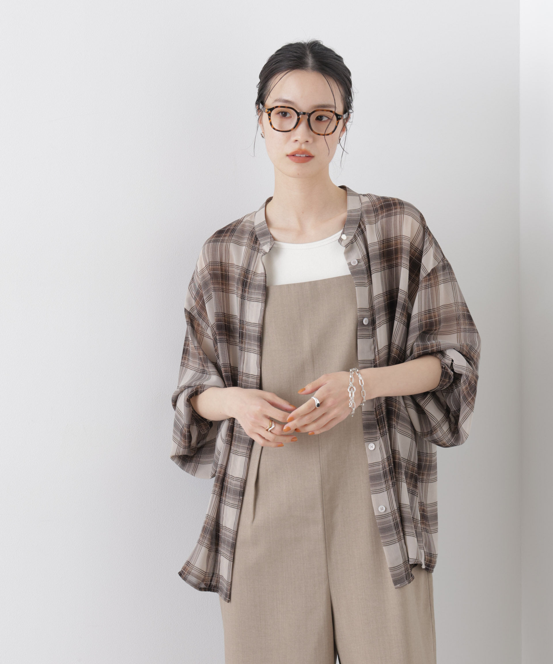 nano･universe「シアーチェックプリントピンタックスタンドカラーブラウス」|シャツ・ブラウス|