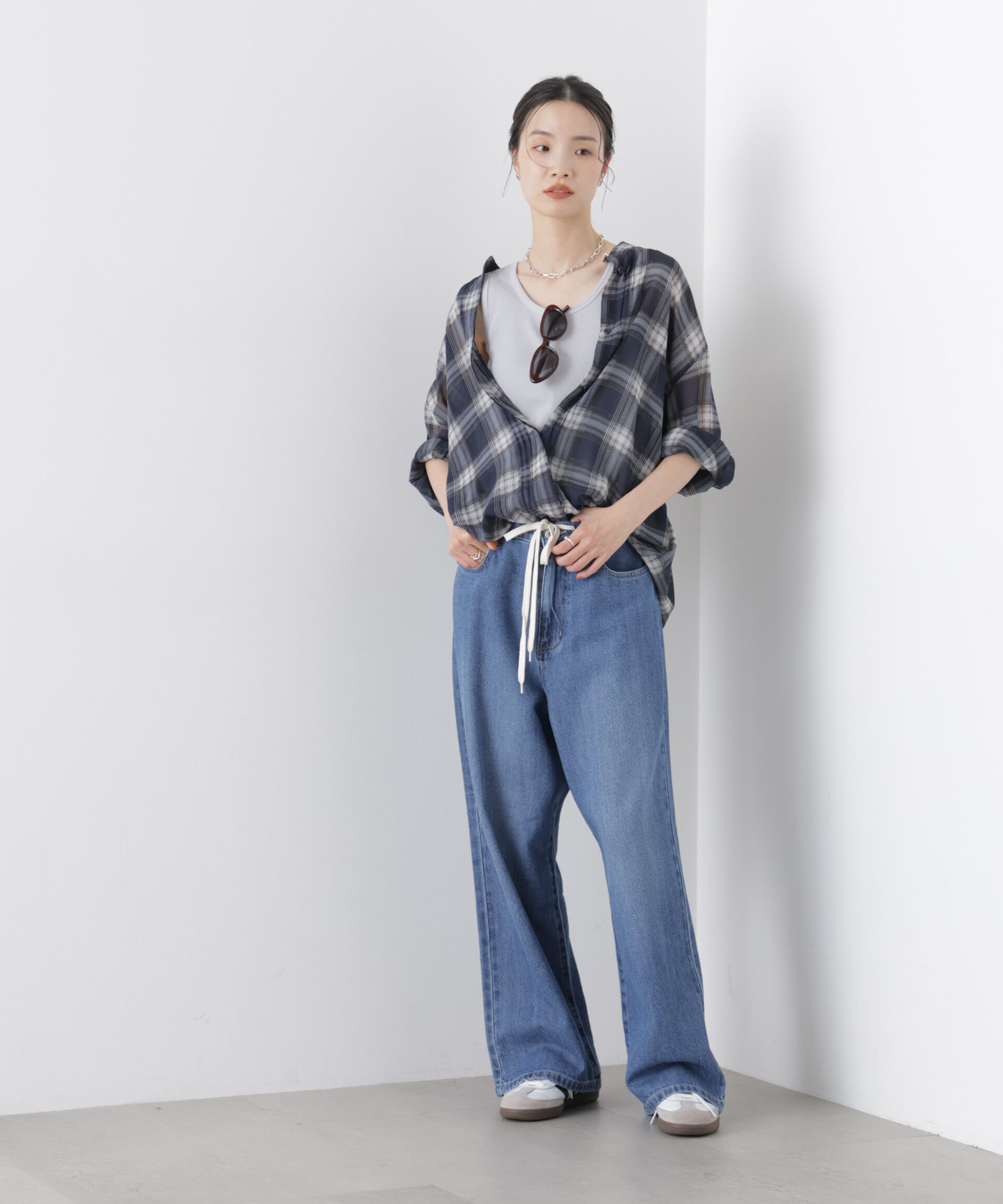 nano･universe「シアーチェックプリントピンタックスタンドカラーブラウス」|シャツ・ブラウス|