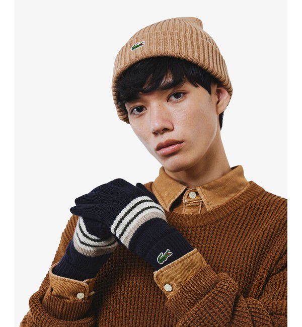 LACOSTE「エクストラファインラムウールボーダーニットグローブ」|手袋|ネイビー