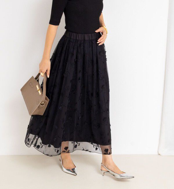 NOLLEY'S「ウォッシャブルチュール刺繍リバーシブルギャザースカート」|フレア|