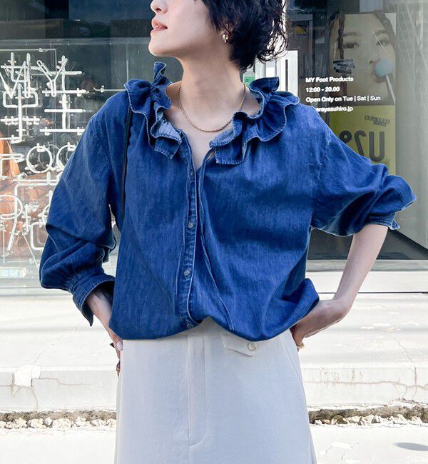 Rie Miller「【RM denim】フリルギャザーデニムブラウス」|シャツ・ブラウス|