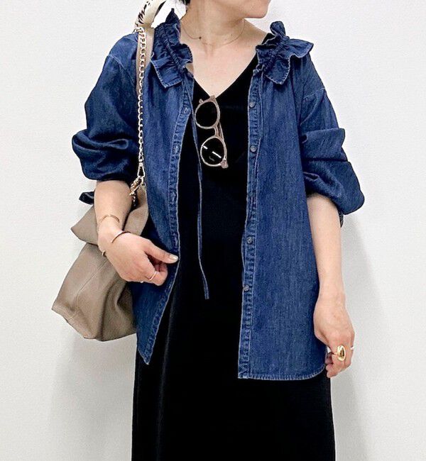 Rie Miller「【RM denim】フリルギャザーデニムブラウス」|シャツ・ブラウス|