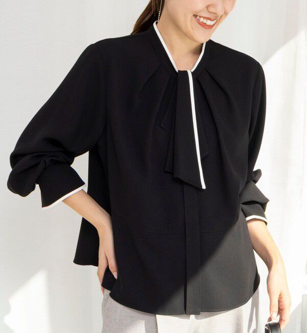 NOLLEY'S「《セットアップ対応》ウォッシャブルストレッチジョーゼットボウタイ風ペプラムブラウス」|シャツ・ブラウス|ブラック