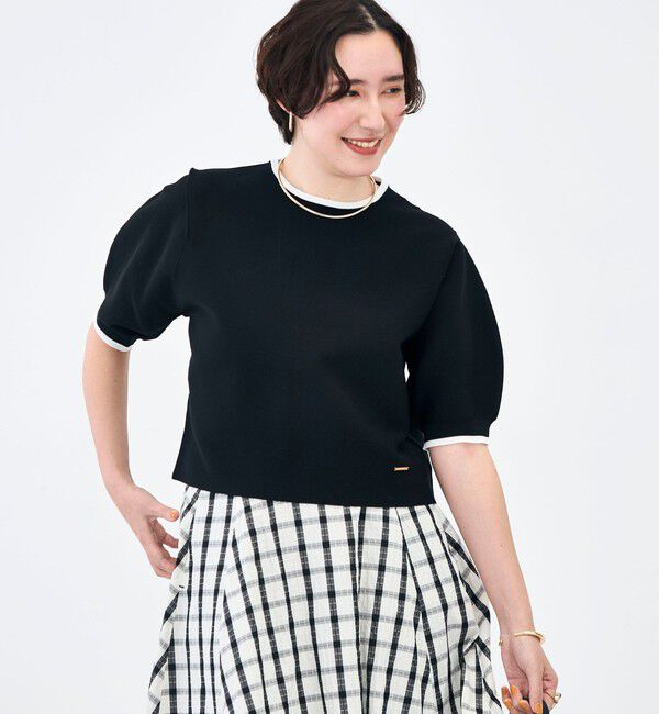 NOLLEY'S「《手洗い可能》ホールガーメントパフスリーブニットＴ」|ニット・セーター|ブラック・グレー系1