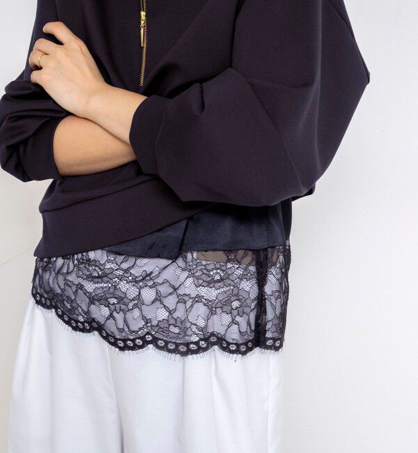 NOLLEY'S「ウォッシャブル裾レースオトナサテンＴシャツ」|シャツ・ブラウス|ネイビー