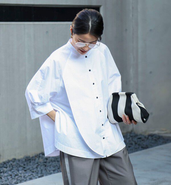 MAQWEL「【MAQWEL/マクウェル】ウォッシャブルバンドカラーラグランシャツ」|シャツ・ブラウス|