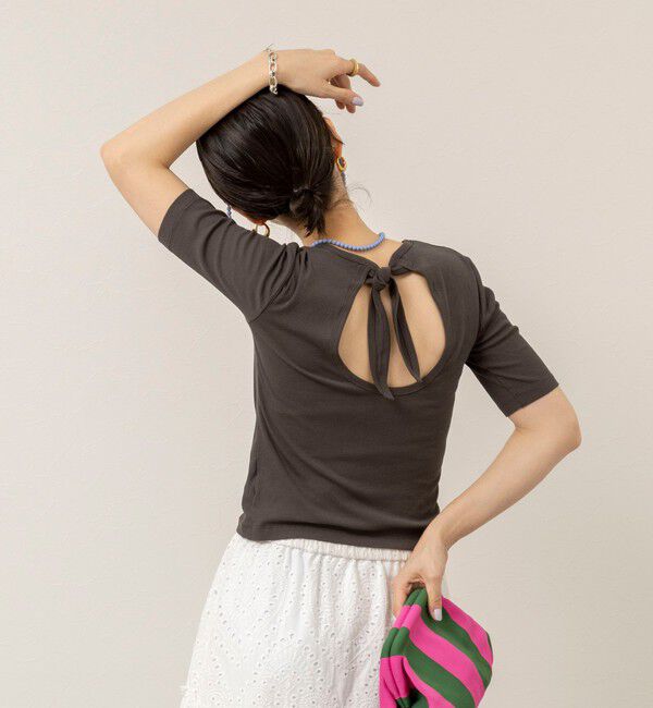 MAQWEL「【MAQWEL/マクウェル】ウォッシャブルバックリボン五分袖プルオーバー」|Tシャツ・カットソー|