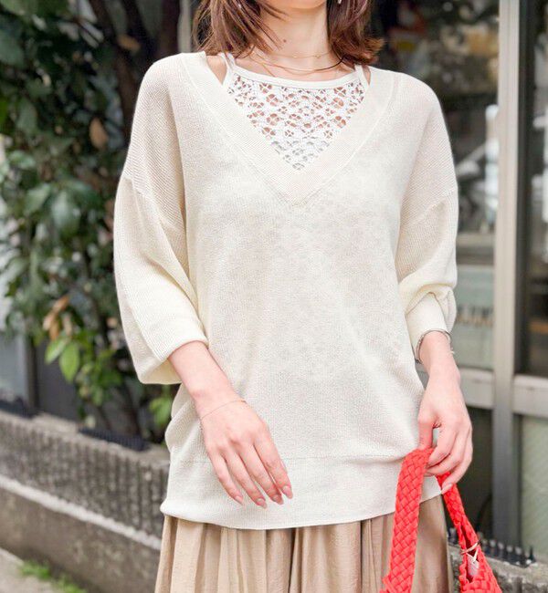 NOLLEY'S sophi「《手洗い可能》ペーパー混深V片畦プルオーバー」|ニット・セーター|オフホワイト