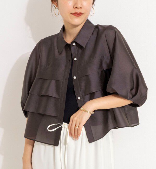 NOLLEY'S「シアーシルキーパール釦フリルブラウス」|シャツ・ブラウス|ブラウン