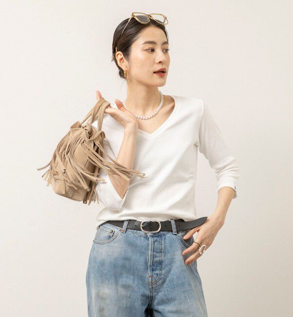 MAQWEL「【MAQWEL/マクウェル】ウォッシャブルCOTTON RIB 7分袖VネックTシャツ」|Tシャツ・カットソー|