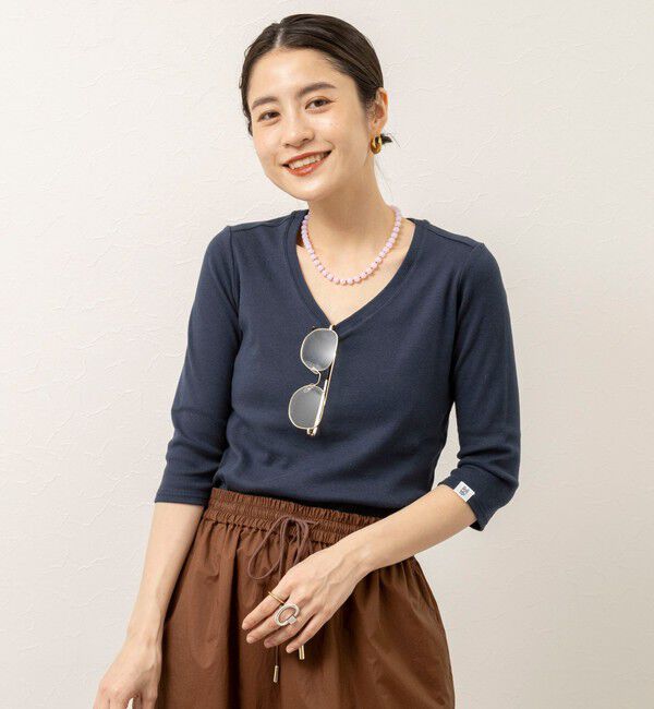MAQWEL「【MAQWEL/マクウェル】ウォッシャブルCOTTON RIB 7分袖VネックTシャツ」|Tシャツ・カットソー|ネイビー