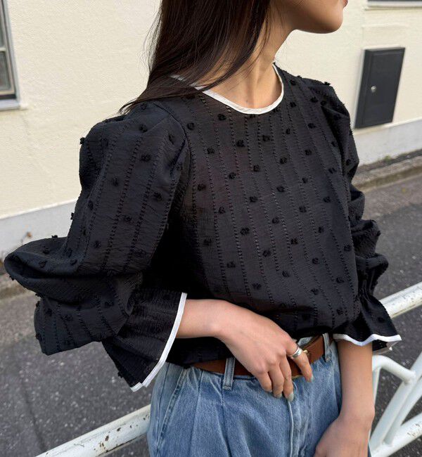 fredy emue「【大人気シリーズの最新作】バック釦配色ギャザーブラウス」|シャツ・ブラウス|ブラック