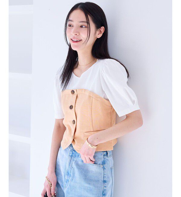 VIS「【新色追加】【美easy】釦ビスチェTシャツドッキングプルオーバー【接触冷感/洗える】」|Tシャツ・カットソー|