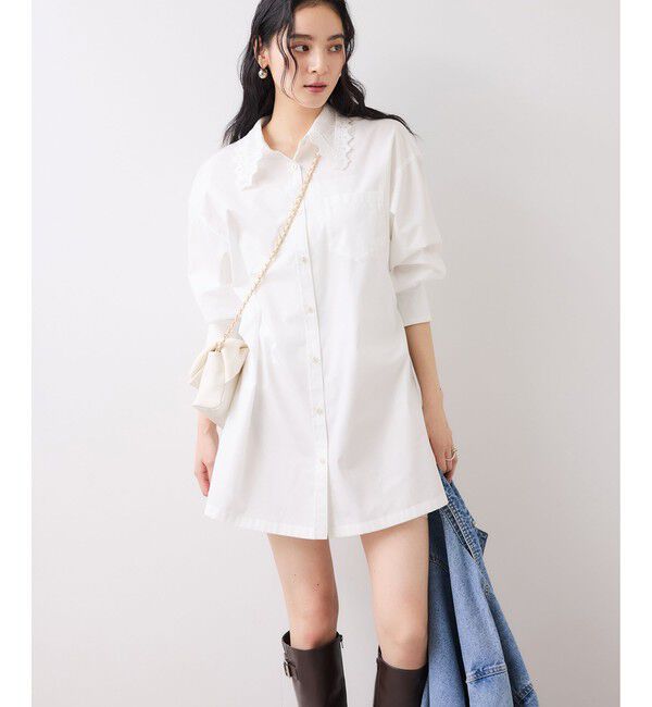 VIS「襟レース付きミニ丈シャツワンピ」|ワンピース|ホワイト(10)