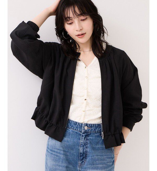 VIS「美easyリネンライクジップ裾フリルブルゾン/イージーケア・接触冷感」|ブルゾン・スタジャン|ブラック(01)