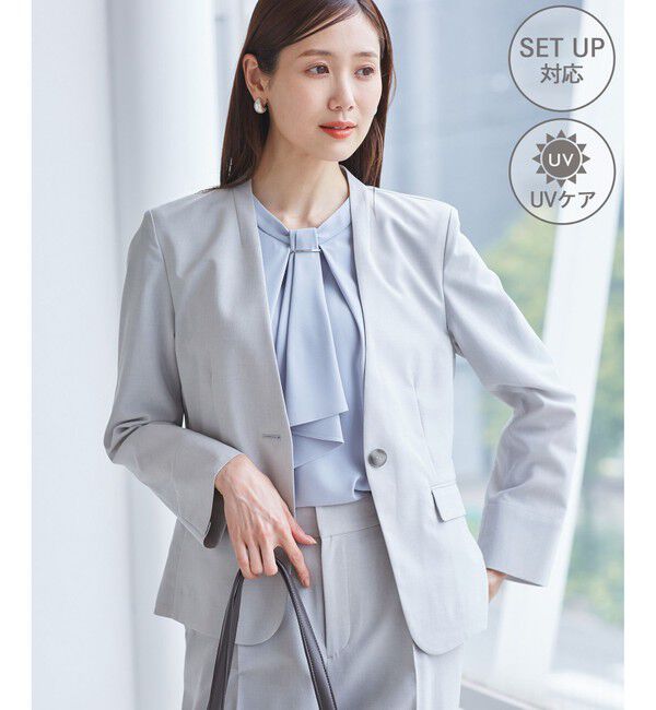 Rope&rsquo;Picnic「【UV対応】【リネンライク・シリーズ】ノーラペルジャケット/通勤・セットアップ対応」|ノーカラージャケット|グレーサブ(09)