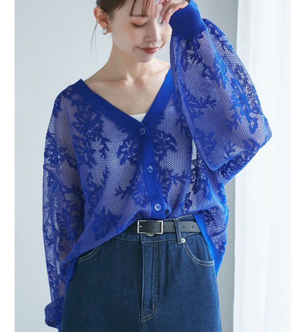 Rope&rsquo;Picnic「透かし編み花柄Vネックカーディガン」|カーディガン|