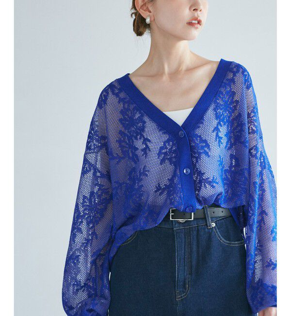 Rope&rsquo;Picnic「透かし編み花柄Vネックカーディガン」|カーディガン|ブルー系(45)