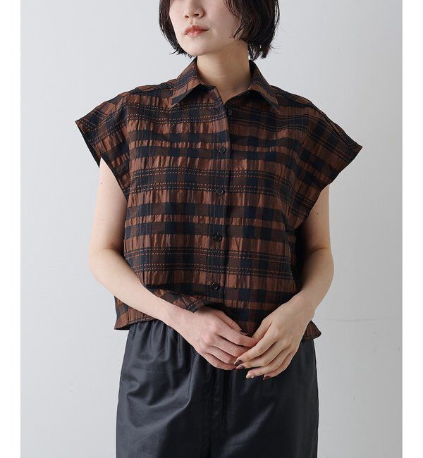 Drawing Numbers「【Drawing Numbers】チェックジャガードフレンチシャツ」|シャツ・ブラウス|ブラウン