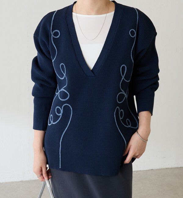  「コード刺繍深Vニット」|ニット・セーター|ネイビー