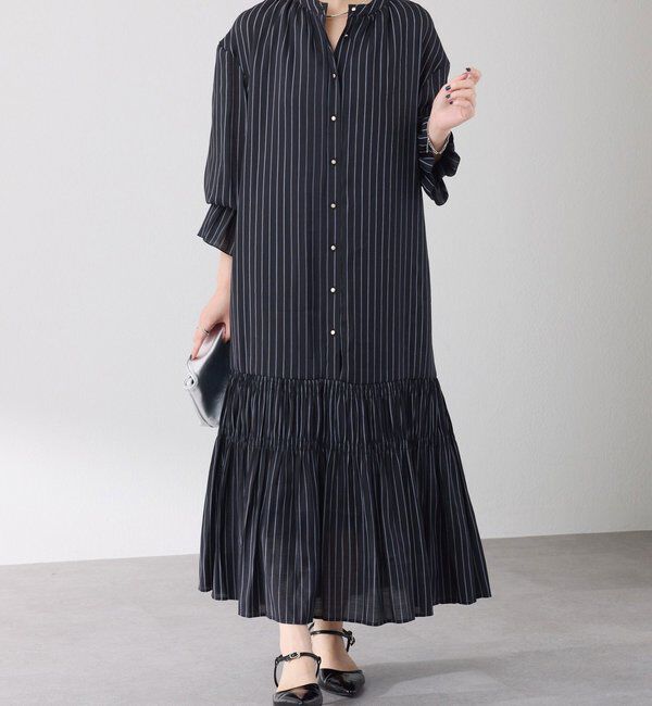  「袖シアーツイルストライプワンピース」|ワンピース|