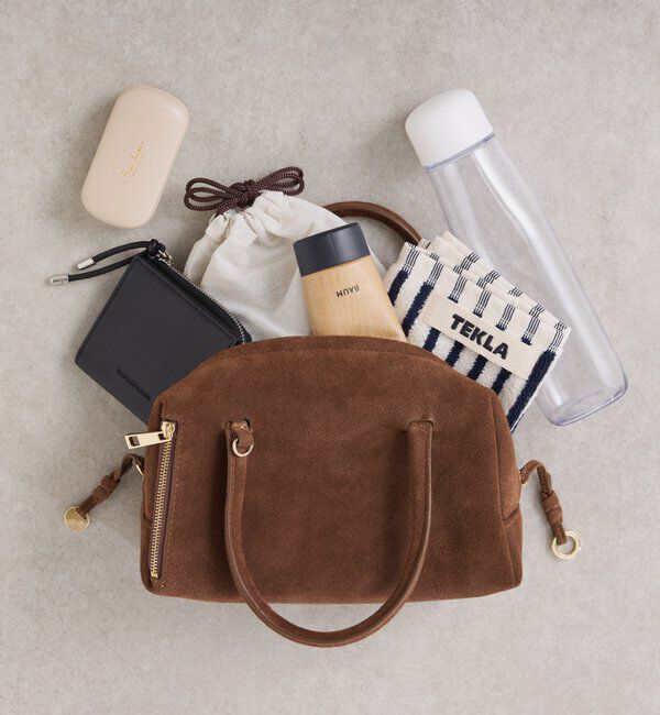  「【500mlペットボトル収納可/牛革】レザーチャームボストンバッグ/スエード」|ボストンバッグ|ダークブラウン