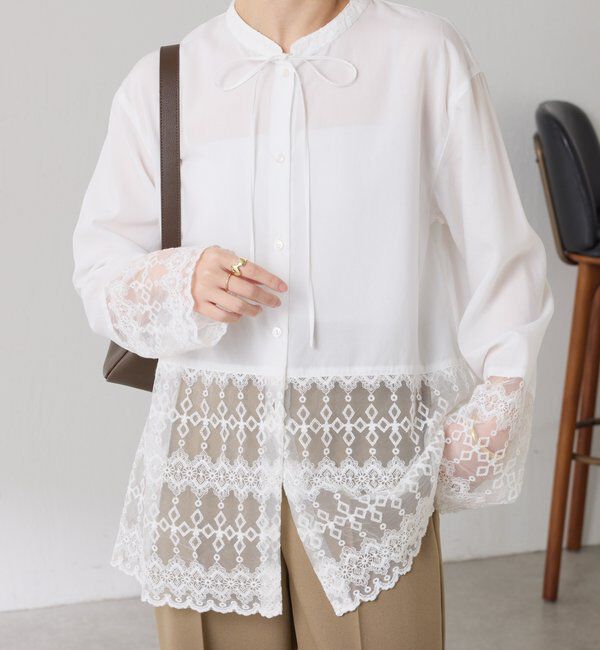  「ボウタイ裾レース切替シャツ」|シャツ・ブラウス|オフホワイト