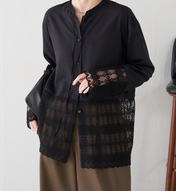  「ボウタイ裾レース切替シャツ」|シャツ・ブラウス|ブラック