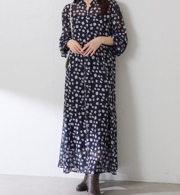  「	小花柄ラメシフォンワンピース」|ワンピース|ネイビー