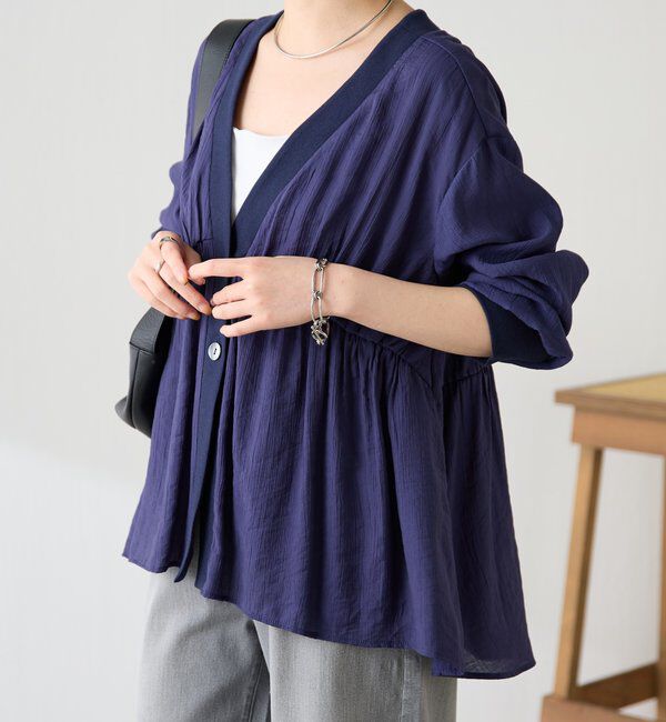  「《1枚で着映える》ギャザー切替シャツカーディガン」|シャツ・ブラウス|