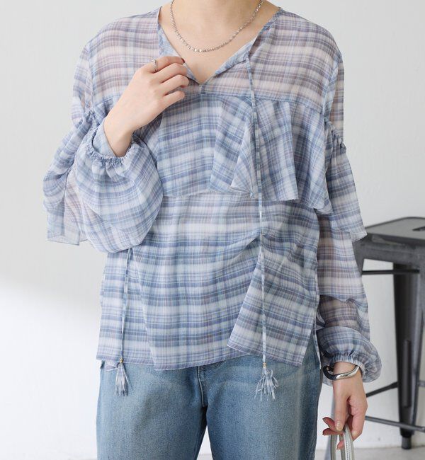  「チェックシフォンラッフルブラウス」|シャツ・ブラウス|