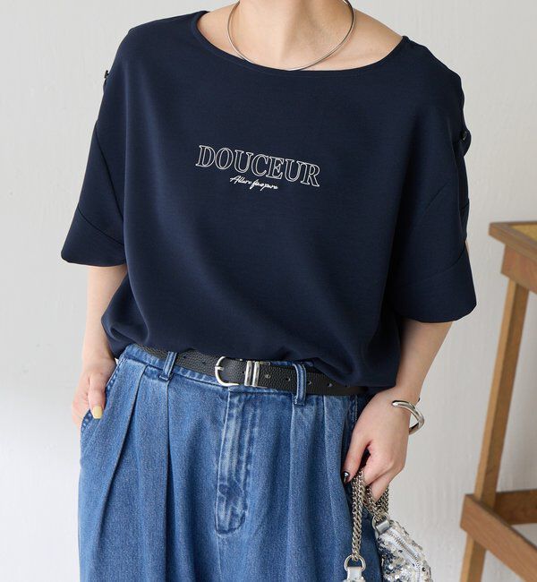  「【袖をアレンジできる】袖アレンジジョーゼットロゴTシャツ」|Tシャツ・カットソー|ネイビー