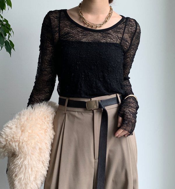  「レースロングスリーブトップス」|Tシャツ・カットソー|ブラック